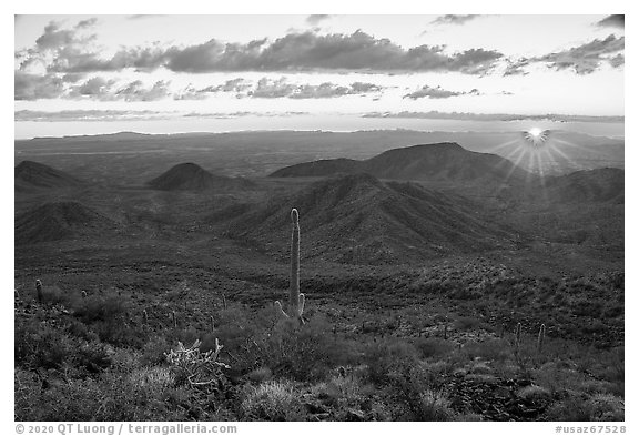 Sun setting over Table Mountain Wilderness. Sonoran Desert National Monument, Arizona, USA (black and white)