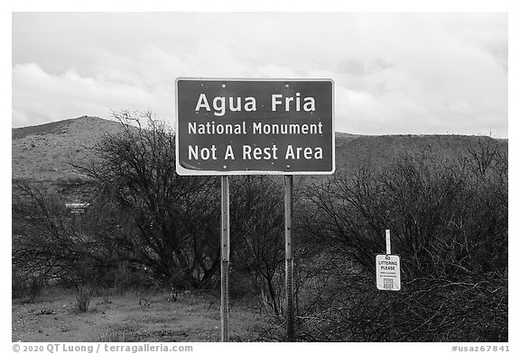 National Monument not a rest area sign. Agua Fria National Monument, Arizona, USA (black and white)