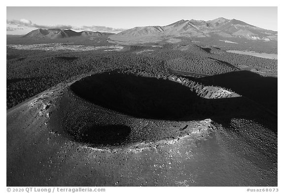 Aerial View of Sunset Crater with Humphreys Peak, San Francisco Mountains. Sunset Crater Volcano National Monument, Arizona, USA (black and white)