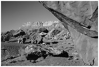 Overhanging boulder and cliffs. Vermilion Cliffs National Monument, Arizona, USA ( black and white)