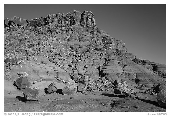 Rocks fallen from butte. Vermilion Cliffs National Monument, Arizona, USA (black and white)