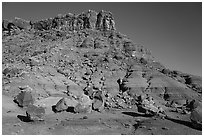 Rocks fallen from butte. Vermilion Cliffs National Monument, Arizona, USA ( black and white)