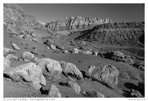 Rocks and cliffs near Cliffs Dwellers. Vermilion Cliffs National Monument, Arizona, USA (black and white)