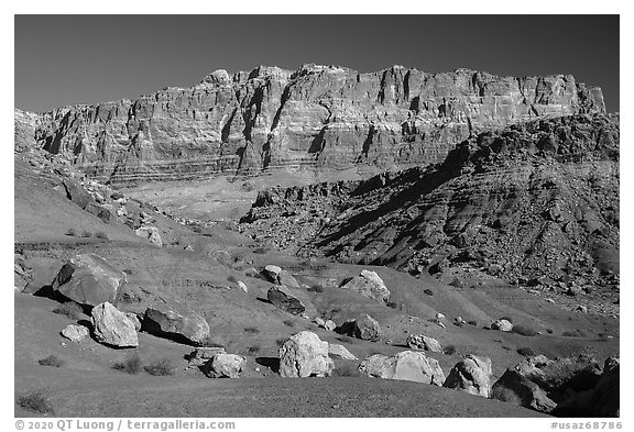 Rocks and Vermilion Cliffs. Vermilion Cliffs National Monument, Arizona, USA (black and white)