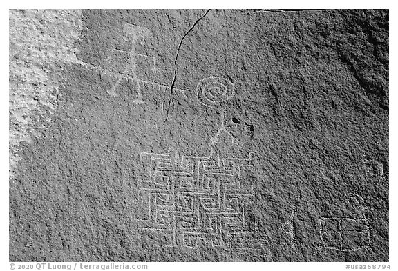Petroglyph depicting person wearing earrings with ladder-like insect and maze. Vermilion Cliffs National Monument, Arizona, USA (black and white)