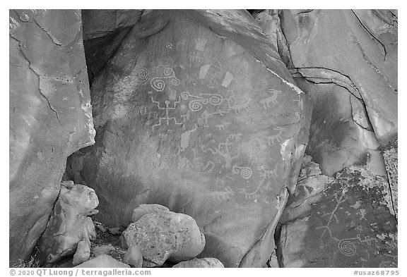 Rocks with numerous petroglyphs. Vermilion Cliffs National Monument, Arizona, USA (black and white)