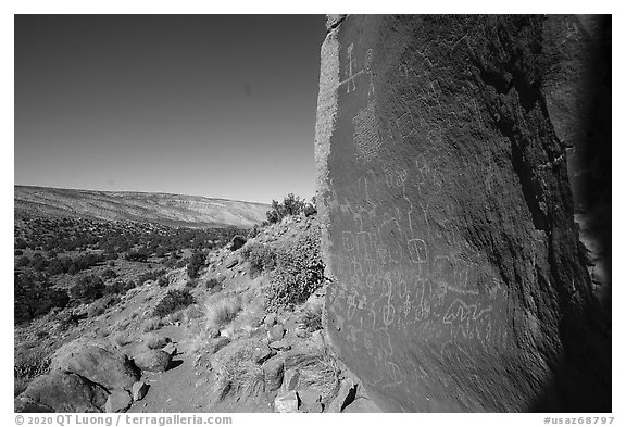 Maze petroglyphs on boulder. Vermilion Cliffs National Monument, Arizona, USA (black and white)