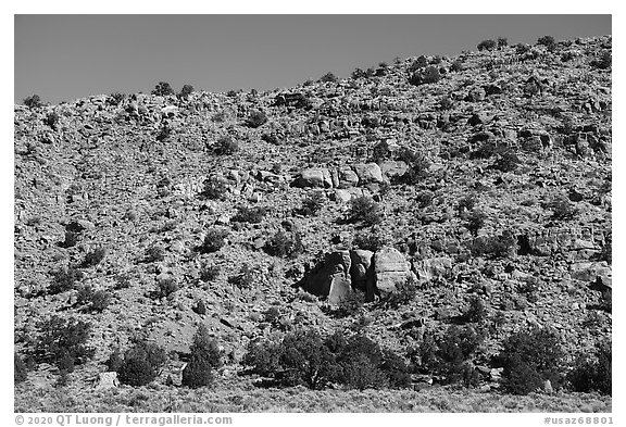 Jumble of boulders on hill including the Maze Rock Art site. Vermilion Cliffs National Monument, Arizona, USA (black and white)