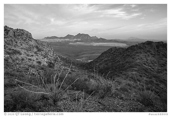 Silver Bell Mountains and mine at sunrise. Ironwood Forest National Monument, Arizona, USA (black and white)
