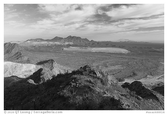 Silver Bell Mine and Silver Bell Peak from Waterman Peak. Ironwood Forest National Monument, Arizona, USA (black and white)