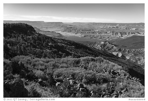 Mt Logan slopes, Grand Canyon, and Whitmore Canyon. Grand Canyon-Parashant National Monument, Arizona, USA (black and white)