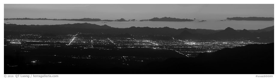 Tucson lights at sunset from Rincon Mountains. Tucson, Arizona, USA (black and white)