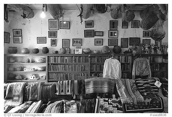Navajo rugs and designs in the Hubbel rug room. Hubbell Trading Post National Historical Site, Arizona, USA (black and white)