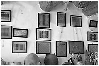 Framed paintings of Navajo rug designs commissioned by Hubbell. Hubbell Trading Post National Historical Site, Arizona, USA ( black and white)