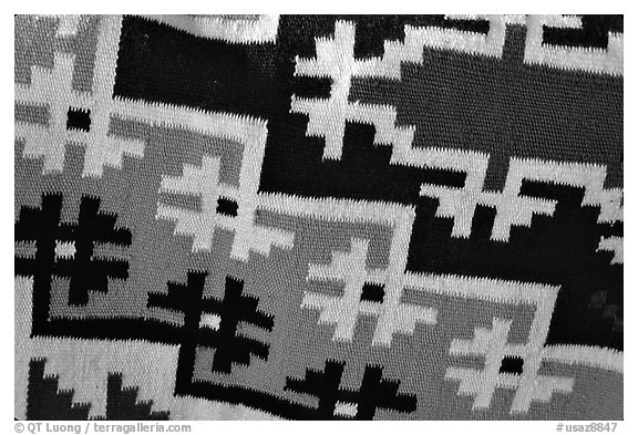 Detail of blanket with Navajo design. Hubbell Trading Post National Historical Site, Arizona, USA (black and white)