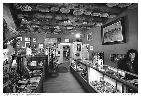 Room with baskets and jewelry for sale. Hubbell Trading Post National Historical Site, Arizona, USA (black and white)