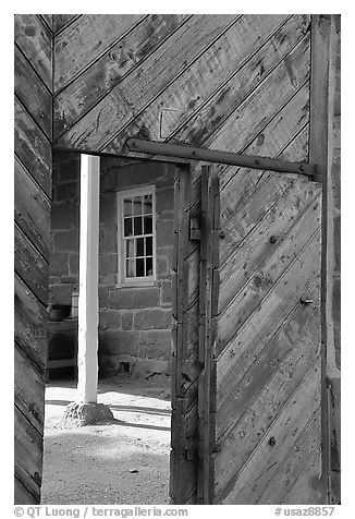 Wooden door of Winsor Castle. Pipe Spring National Monument, Arizona, USA (black and white)