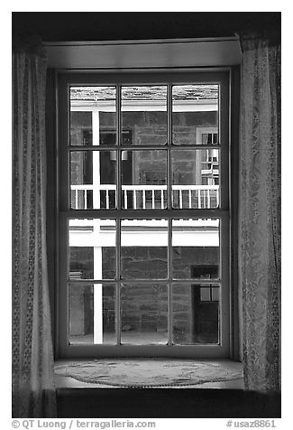 Looking out a window of Winsor Castle into the courtyard. Pipe Spring National Monument, Arizona, USA (black and white)