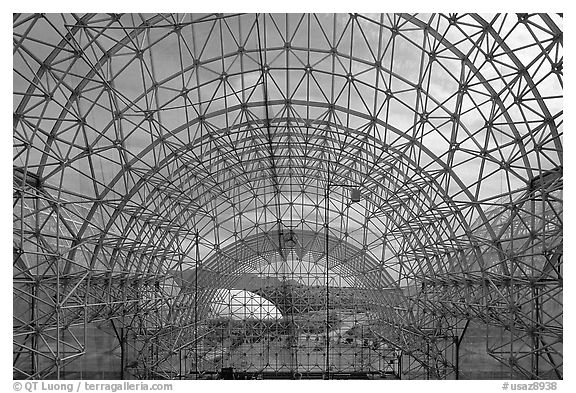 Glass enclosure seen from inside. Biosphere 2, Arizona, USA (black and white)