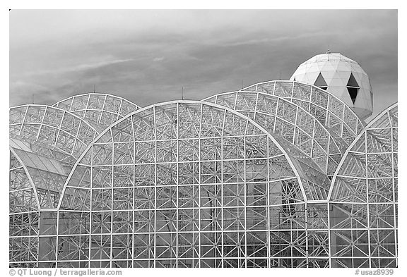 Glass enclusure and tower. Biosphere 2, Arizona, USA (black and white)