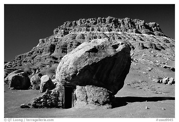 Boulder with hut near Page. Arizona, USA (black and white)