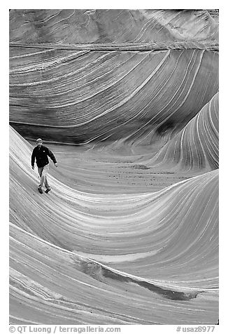 Hiker balances himself in the Wave. Coyote Buttes, Vermilion cliffs National Monument, Arizona, USA