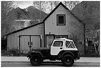 Jeep and blue house. Telluride, Colorado, USA (black and white)