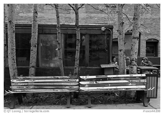 Public benches made of old skis. Telluride, Colorado, USA (black and white)