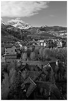 Mountain Village with newly leafed spring trees and snowy peaks. Telluride, Colorado, USA ( black and white)