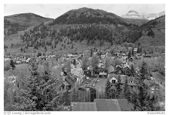 Town and mountains in the spring. Telluride, Colorado, USA (black and white)