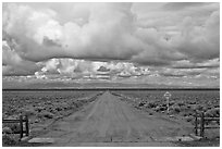 Cattle guard and straight dirt road. Colorado, USA ( black and white)