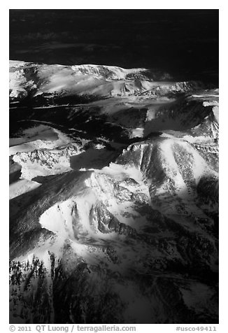 Aerial view of Rocky Mountains in winter. Colorado, USA (black and white)