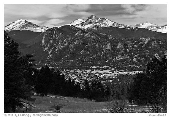 View of town nested below Rocky Mountains, Estes Park. Colorado, USA (black and white)