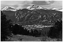 View of town nested below Rocky Mountains, Estes Park. Colorado, USA ( black and white)