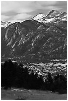 Estes Park, valley, and mountains. Colorado, USA ( black and white)
