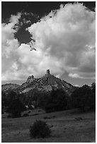 Afternoon clouds over rocks. Chimney Rock National Monument, Colorado, USA ( black and white)