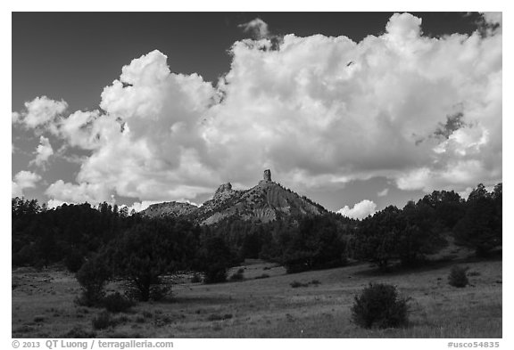 Meadows, rocks, and clouds. Chimney Rock National Monument, Colorado, USA (black and white)