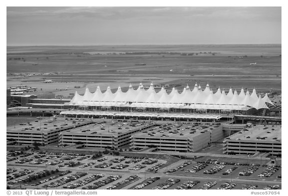 Aerial view of Denver International Airport main concourse. Colorado, USA
