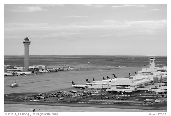 Aerial view of Denver International Airport terminal and control tower. Colorado, USA