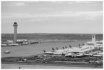 Aerial view of Denver International Airport terminal and control tower. Colorado, USA ( black and white)