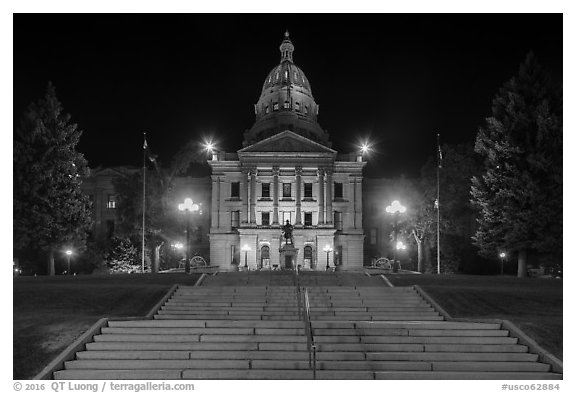 Stairs and Colorado State Capitol at night. Denver, Colorado, USA (black and white)