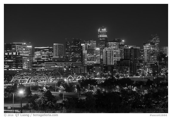 Bridge and city skyline at night. Denver, Colorado, USA (black and white)