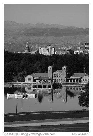 City Park Pavilion, city skyline, and mountains. Denver, Colorado, USA (black and white)