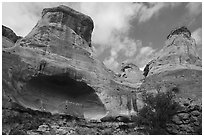 Saddlehorn Pueblo with spire of rock above the alcove. Canyon of the Anciens National Monument, Colorado, USA ( black and white)