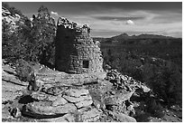 Painted Hand Pueblo tower and landscape. Canyon of the Anciens National Monument, Colorado, USA ( black and white)