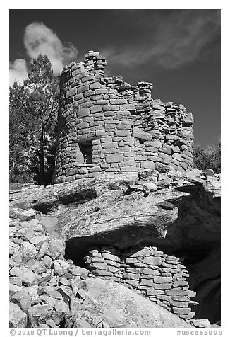 Tower on rock outcropping. Canyon of the Ancients National Monument, Colorado, USA (black and white)