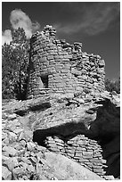 Tower on rock outcropping. Canyon of the Anciens National Monument, Colorado, USA ( black and white)