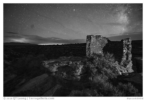 Tower Point at night. Hovenweep National Monument, Colorado, USA (black and white)