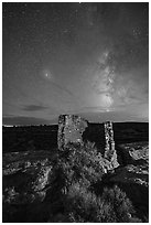 Milky Way over Tower Point at night. Hovenweep National Monument, Colorado, USA ( black and white)