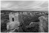 Stronghold House and Little Ruin Canyon, sunrise. Hovenweep National Monument, Colorado, USA ( black and white)